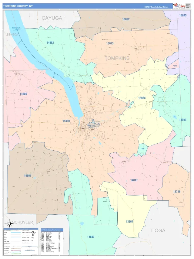 Tompkins County, NY ZIP Code Wall Map, ColorCast style