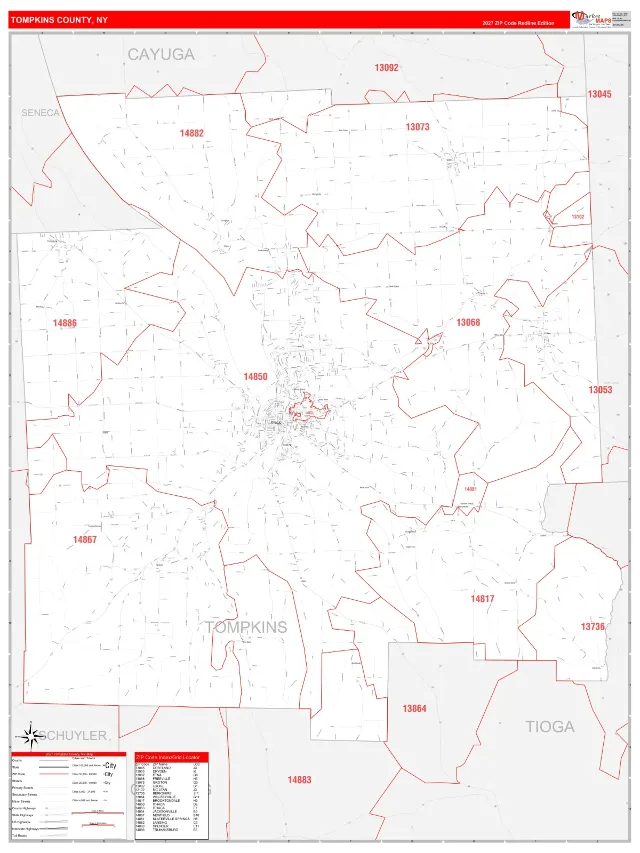Tompkins County, NY ZIP Code Wall Map, RedLine style