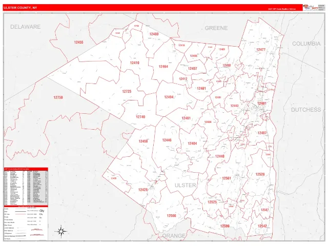 Ulster County, NY ZIP Code Wall Map, RedLine style