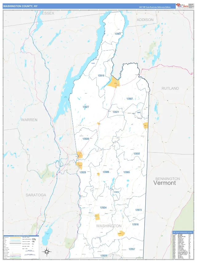 Washington County, NY ZIP Code Wall Map, Business Reference style