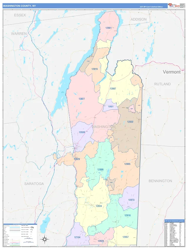Washington County, NY ZIP Code Wall Map, ColorCast style