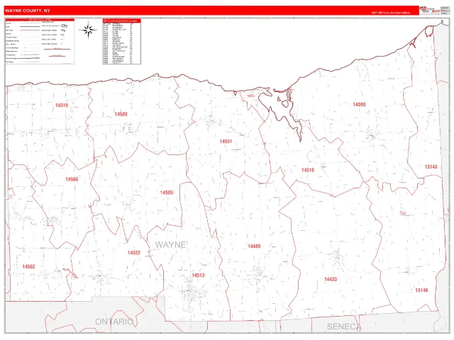 Wayne County, NY ZIP Code Wall Map, RedLine style