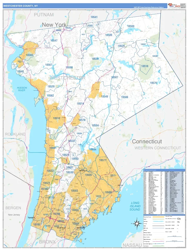 Westchester County, NY ZIP Code Wall Map, Business Reference style