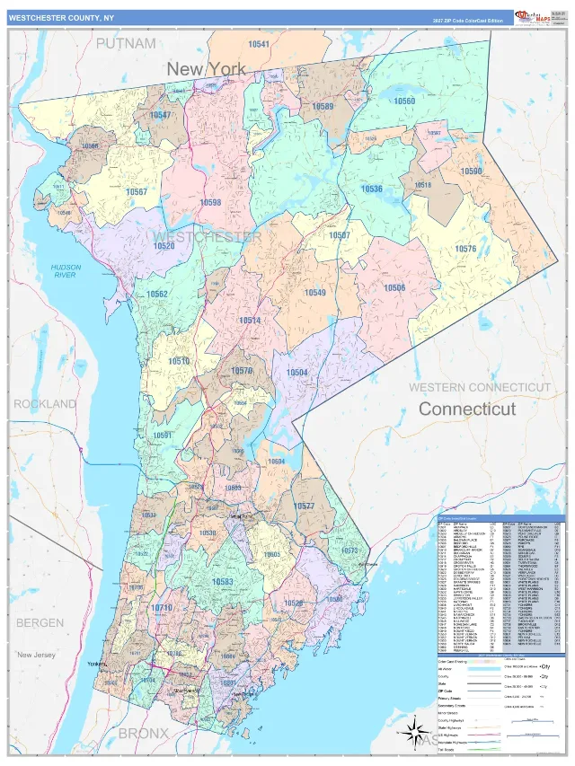 Westchester County, NY ZIP Code Wall Map, ColorCast style