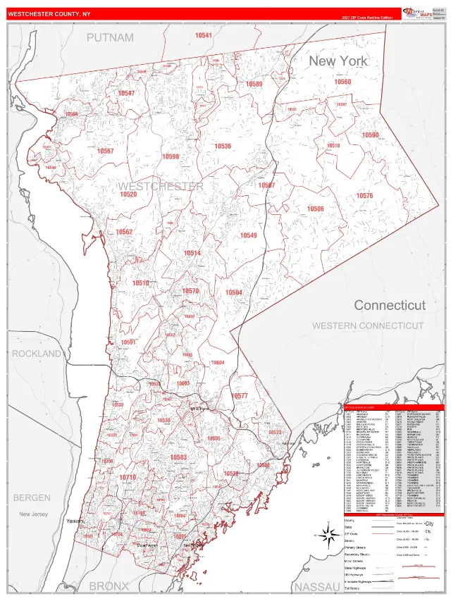 Westchester County, NY ZIP Code Wall Map, RedLine style