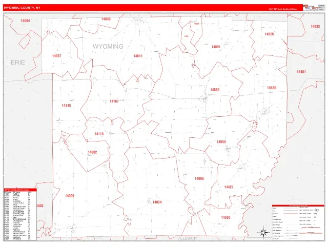 Wyoming County, NY ZIP Code Wall Map, RedLine style