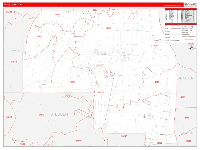 Yates County, NY ZIP Code Wall Map, RedLine style