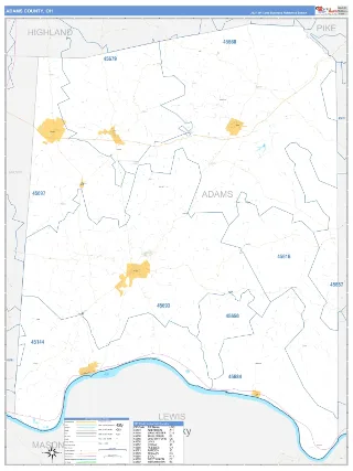 Adams County, OH Business Reference style ZIP Code wall map