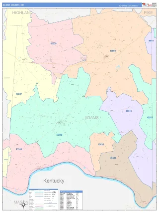 Adams County, OH ColorCast style ZIP Code wall map