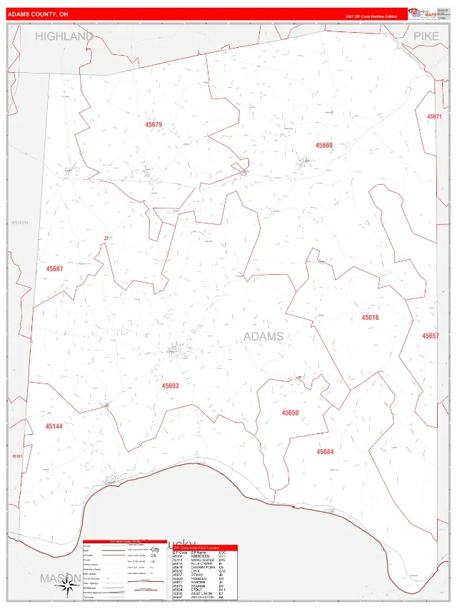 Adams County, OH ZIP Code Wall Map, RedLine style