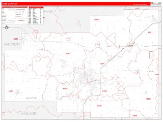 Allen County, OH RedLine style ZIP Code wall map