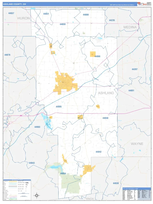 Ashland County, OH ZIP Code Wall Map, Business Reference style