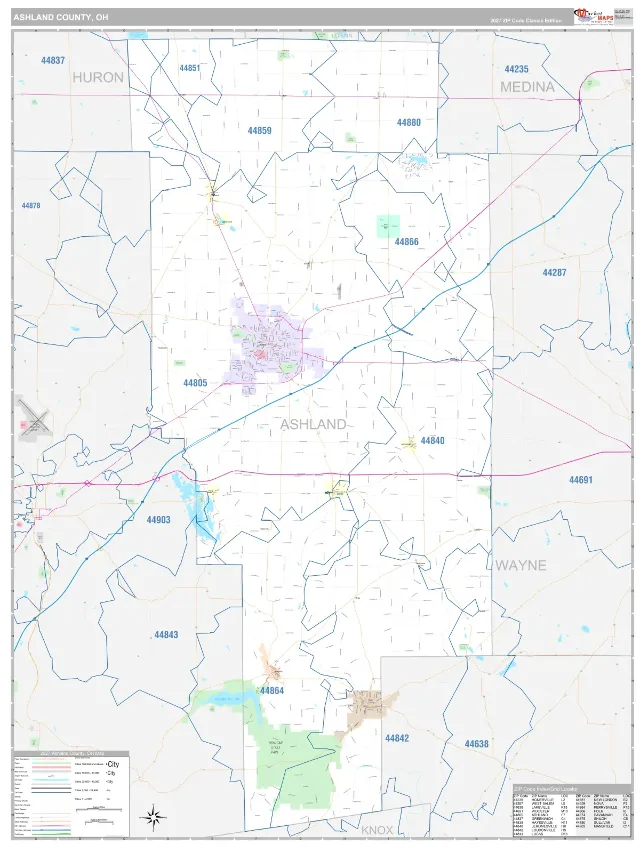 Ashland County, OH ZIP Code Wall Map, Classic style