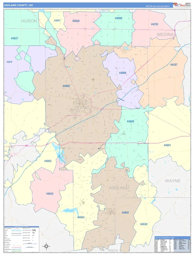 Ashland County, OH ZIP Code Wall Map, ColorCast style