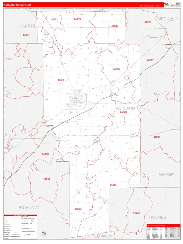 Ashland County, OH ZIP Code Wall Map, RedLine style