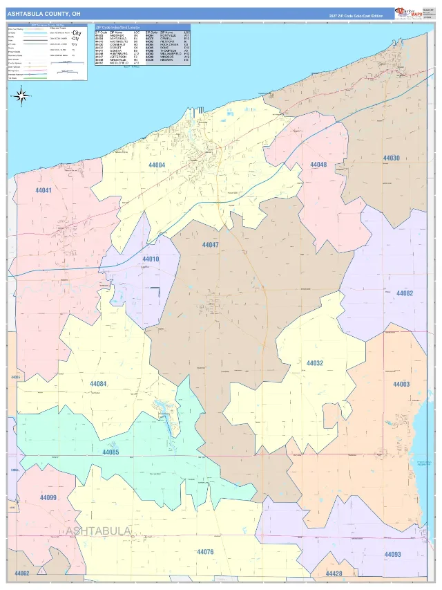 Ashtabula County, OH ZIP Code Wall Map, ColorCast style