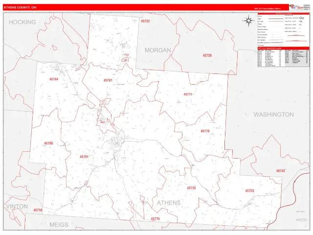 Athens County, OH ZIP Code Wall Map, RedLine style