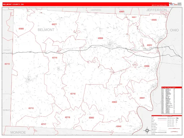 Belmont County, OH ZIP Code Wall Map, RedLine style