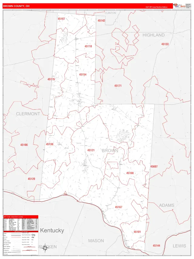 Brown County, OH ZIP Code Wall Map, RedLine style
