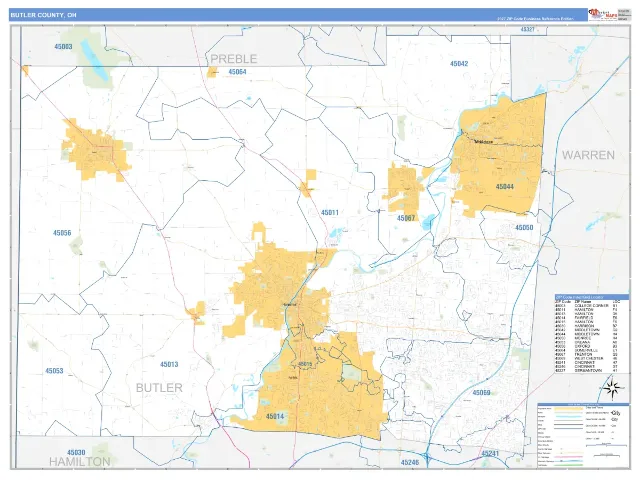 Butler County, OH ZIP Code Wall Map, Business Reference style