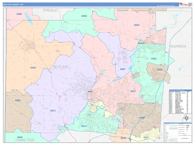 Butler County, OH ZIP Code Wall Map, ColorCast style