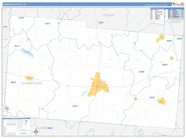 Champaign County, OH ZIP Code Wall Map, Business Reference style