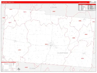 Champaign County, OH RedLine style ZIP Code wall map