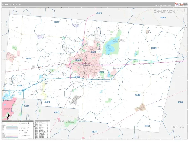 Clark County, OH ZIP Code Wall Map, Classic style