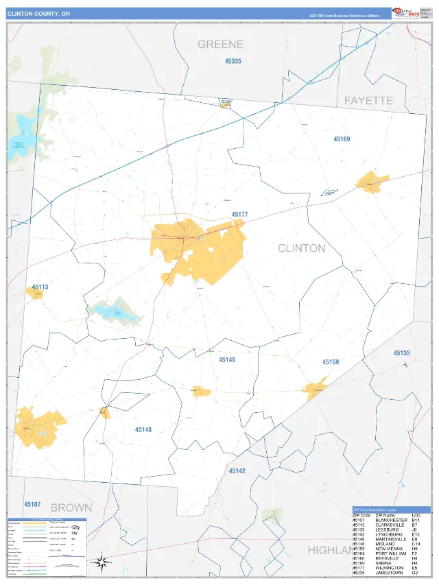 Clinton County, OH ZIP Code Wall Map, Business Reference style