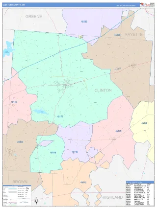 Clinton County, OH ColorCast style ZIP Code wall map