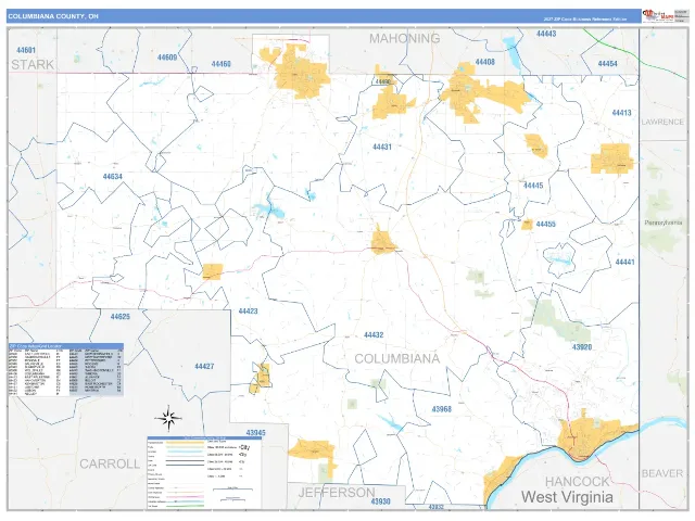Columbiana County, OH ZIP Code Wall Map, Business Reference style
