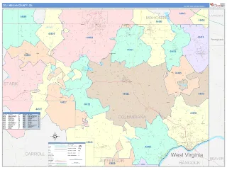 Columbiana County, OH ColorCast style ZIP Code wall map