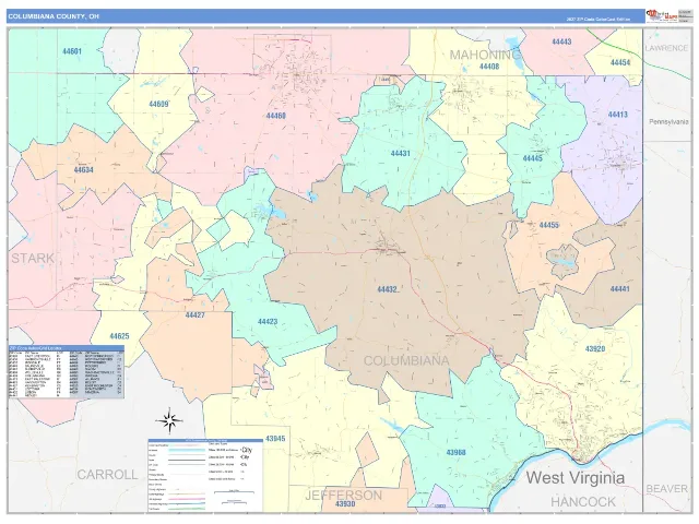 Columbiana County, OH ZIP Code Wall Map, ColorCast style