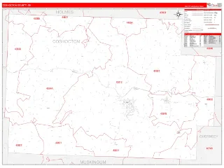 Coshocton County, OH RedLine style ZIP Code wall map