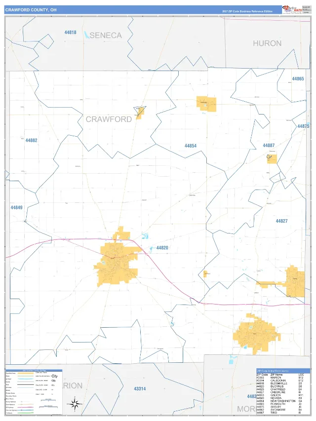Crawford County, OH ZIP Code Wall Map, Business Reference style