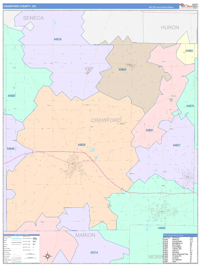 Crawford County, OH ZIP Code Wall Map, ColorCast style