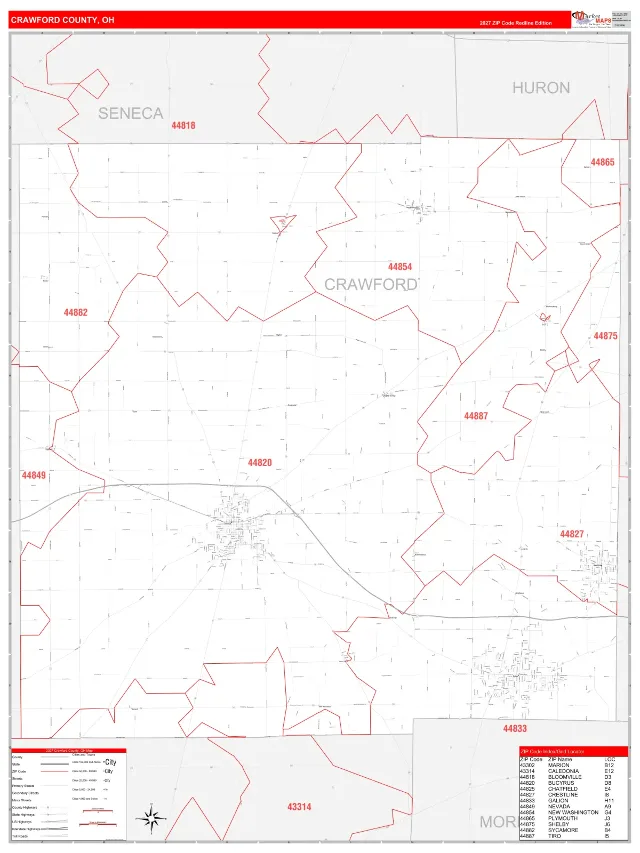Crawford County, OH ZIP Code Wall Map, RedLine style