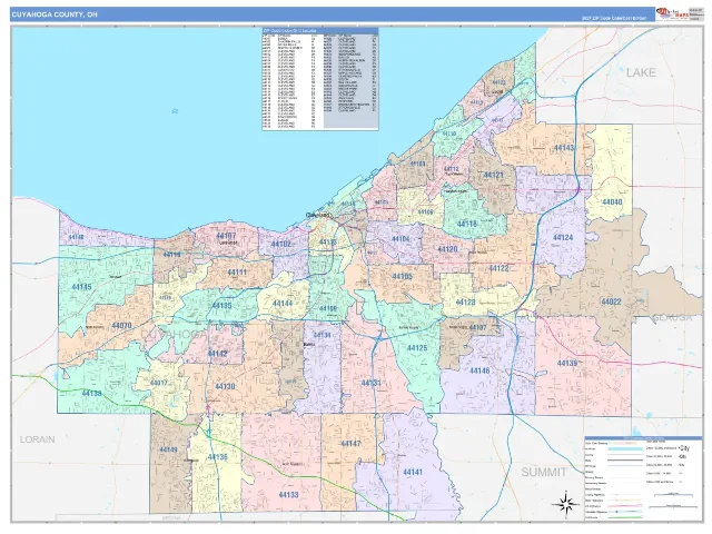 Cuyahoga County, OH ZIP Code Wall Map, ColorCast style