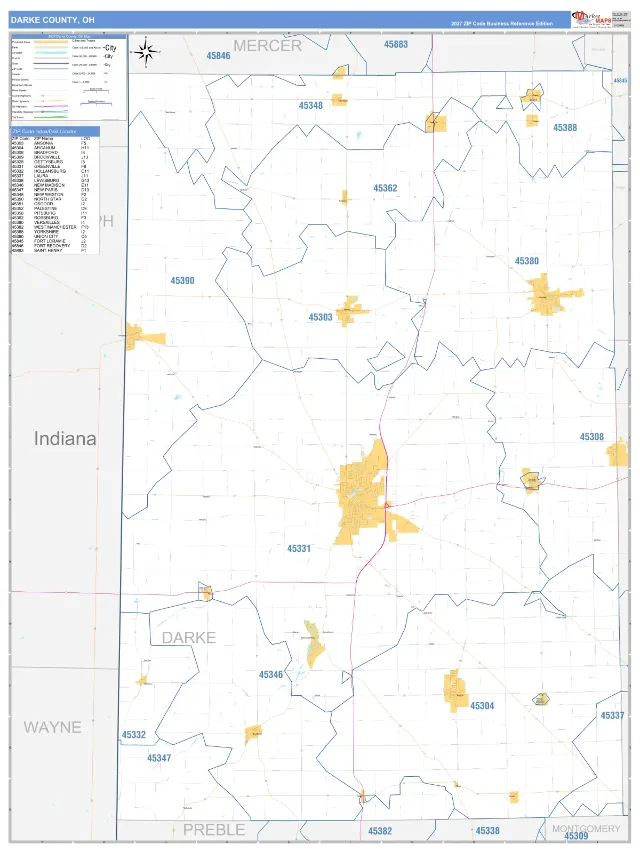 Darke County, OH ZIP Code Wall Map, Business Reference style