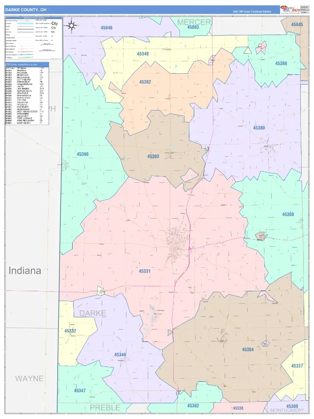 Darke County, OH ZIP Code Wall Map, ColorCast style