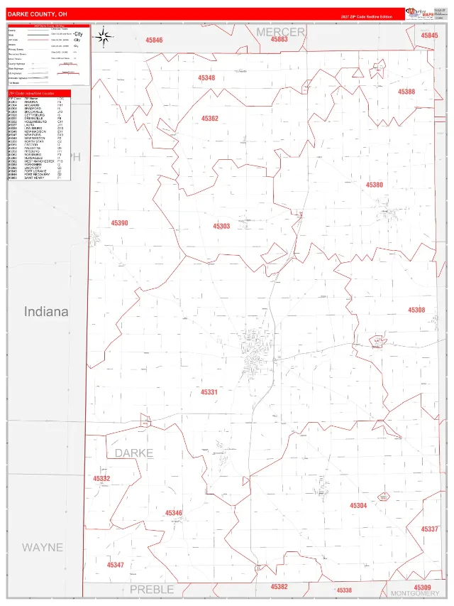 Darke County, OH ZIP Code Wall Map, RedLine style