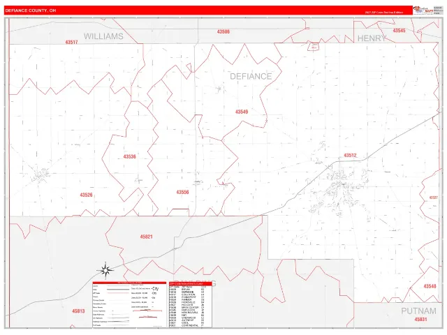 Defiance County, OH ZIP Code Wall Map, RedLine style