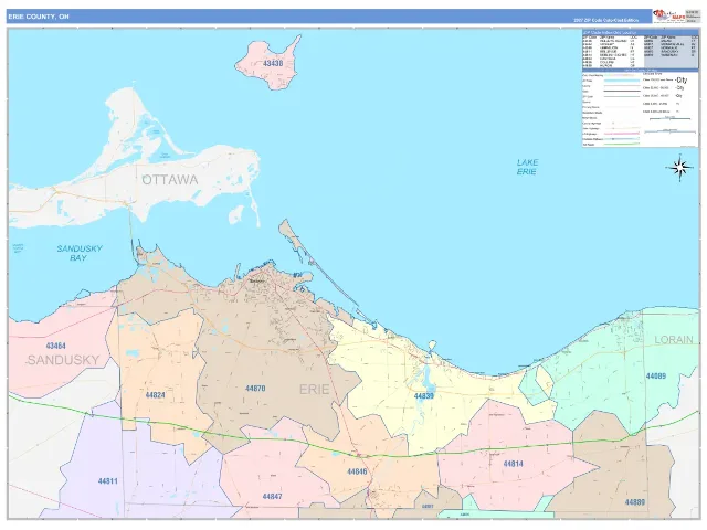 Erie County, OH ZIP Code Wall Map, ColorCast style