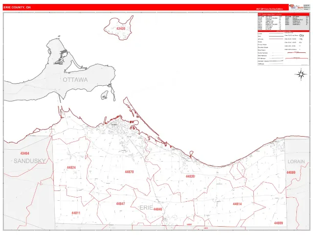 Erie County, OH ZIP Code Wall Map, RedLine style