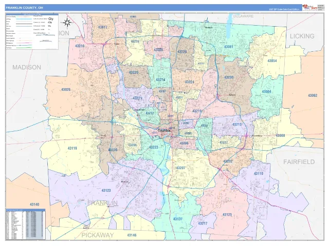 Franklin County, OH ZIP Code Wall Map, ColorCast style