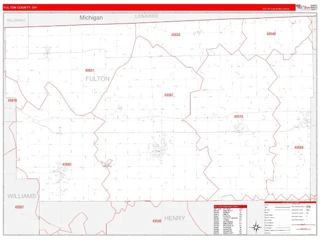 Fulton County, OH ZIP Code Wall Map, RedLine style
