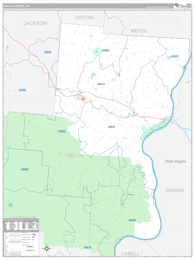 Gallia County, OH ZIP Code Wall Map, Classic style