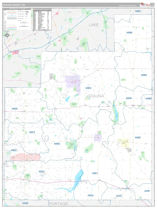 Geauga County, OH ZIP Code Wall Map, Classic style
