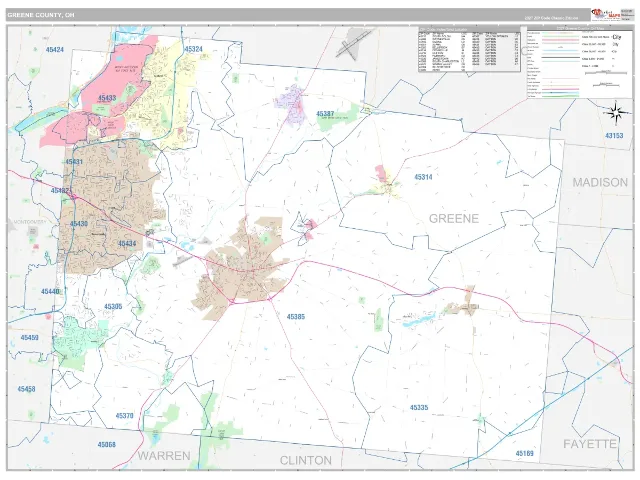 Greene County, OH ZIP Code Wall Map, Classic style