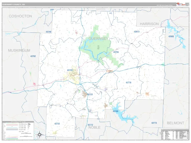 Guernsey County, OH ZIP Code Wall Map, Classic style